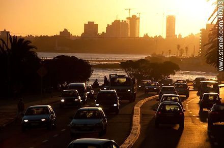 Puesta de sol en la rambla O'Higgins. Tráfico intenso - Departamento de Montevideo - URUGUAY. Foto No. 40703