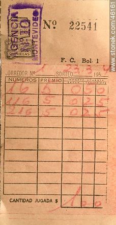 Antigua boleta del juego de quiniela de Uruguay (1954) - Departamento de Montevideo - URUGUAY. Foto No. 46161
