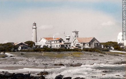 Old photo of the peninsula of Punta del Este with the lighthouse and the tower of the Church of the Candelaria - Punta del Este and its near resorts - URUGUAY. Photo #52975