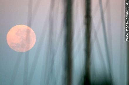 Full moon at dawn between sailboat masts - Department of Maldonado - URUGUAY. Photo #55043