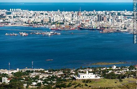 Aerial view of Cerro, its fortress, the bay and the city of Montevideo - Department of Montevideo - URUGUAY. Photo #58142
