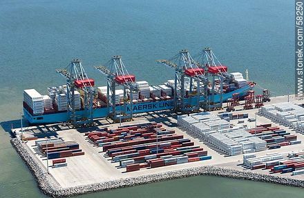 Aerial view of cranes at Terminal Cuenca del Plata in operation unloading containers from a freighter Maersk Line - Department of Montevideo - URUGUAY. Photo #58250