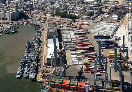 Aerial view of container yard. Navy ships.  - Department of Montevideo - URUGUAY. Photo #58243