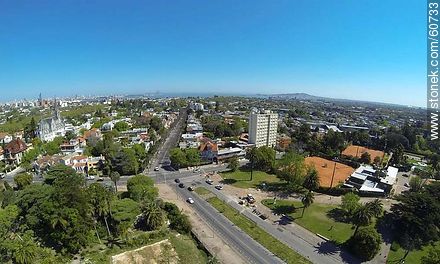 Aerial view of the avenues Lucas Obes and Buschental. Church of the Carmelite brothers - Department of Montevideo - URUGUAY. Photo #60733