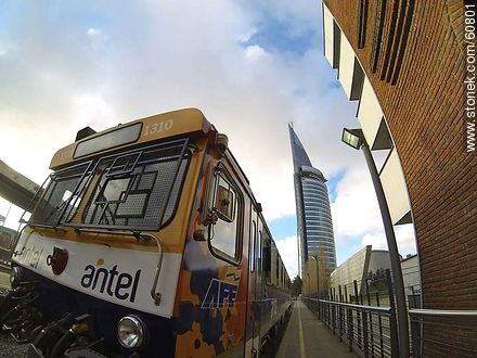 Platform of the Central Station with a Swedish train and Antel tower at background - Department of Montevideo - URUGUAY. Photo #60801