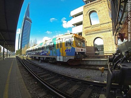Platform of the Central Station with a Swedish train and Antel tower at background - Department of Montevideo - URUGUAY. Photo #60802