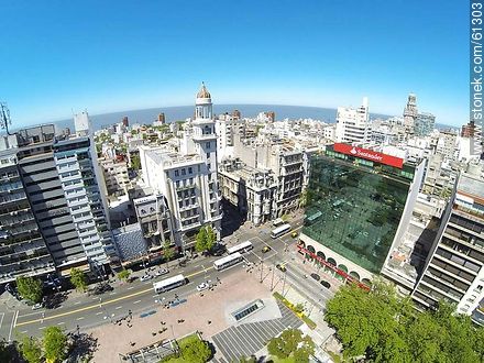 Aerial photo of Avenida 18 de Julio and Julio Herrera y Obes St. Rex Building, Santander and Republica banks - Department of Montevideo - URUGUAY. Photo #61303
