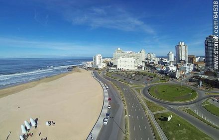 Aerial view of Rambla Lorenzo Batlle Pacheco, Playa Brava, the fingers of La Mano, the monument to drowned - Punta del Este and its near resorts - URUGUAY. Photo #64538