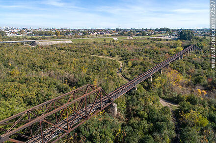 Vista aérea del puente ferroviario que cruza el río Santa Lucía en Florida - Departamento de Florida - URUGUAY. Foto No. 72527