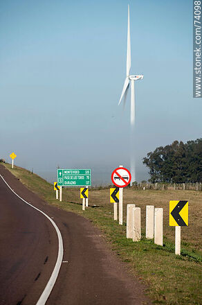 Wind turbines emerging from the morning fog near the Pampa station on Route 5. - Tacuarembo - URUGUAY. Photo #74098