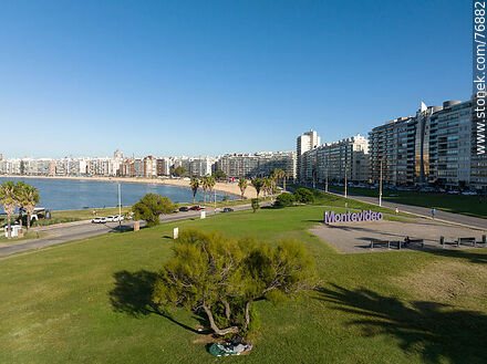 Aerial view of the Charles de Gaulle square with the Montevideo sign - Department of Montevideo - URUGUAY. Photo #76882