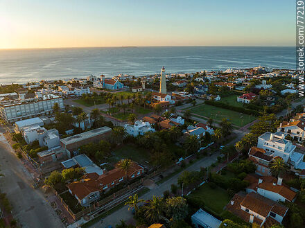 Aerial view of the plaza in front of the lighthouse and La Candelaria church at sunrise - Punta del Este and its near resorts - URUGUAY. Photo #77219