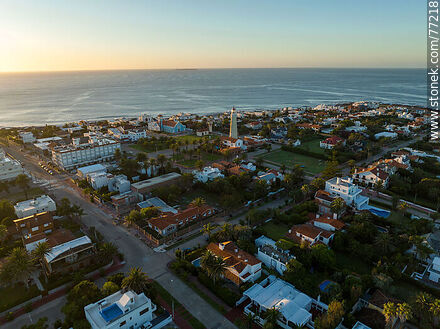 Aerial view of the plaza in front of the lighthouse and La Candelaria church at sunrise - Punta del Este and its near resorts - URUGUAY. Photo #77218