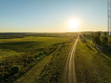 Aerial view of fields along Route 29 at sunset - Department of Rivera - URUGUAY. Photo #80320