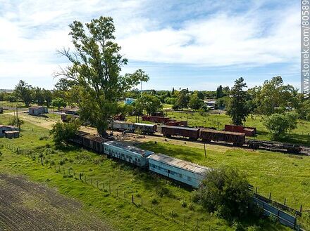Aerial view of the Queguay train station. Old wagons - Department of Paysandú - URUGUAY. Photo #80589