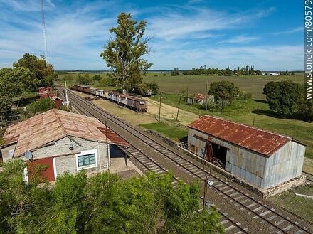 Aerial view of the Queguay train station. Old wagons - Department of Paysandú - URUGUAY. Photo #80579