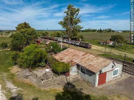 Aerial view of the Queguay train station. Old wagons - Department of Paysandú - URUGUAY. Photo #80578
