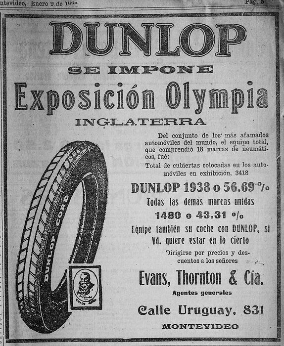 Aviso antiguo de cubiertas Dunlop, 1924 - Departamento de Montevideo - URUGUAY. Foto No. 81468