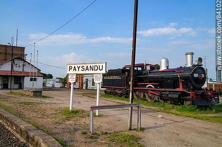 Paysandú train station. Locomotive 88N, historical heritage. Station sign - Department of Paysandú - URUGUAY. Photo #84102