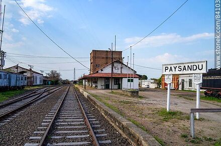 Paysandú train station. Locomotive 88N, historical heritage. Station sign - Department of Paysandú - URUGUAY. Photo #84103