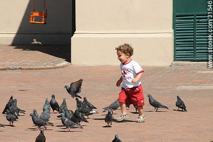 Niño divertido con las palomas - Departamento de Montevideo - URUGUAY. Foto No. 31546