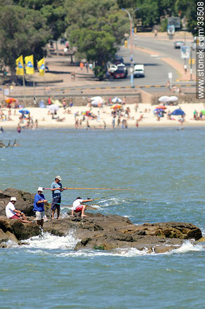 Pescadores en la playa Ramírez - Departamento de Montevideo - URUGUAY. Foto No. 33508