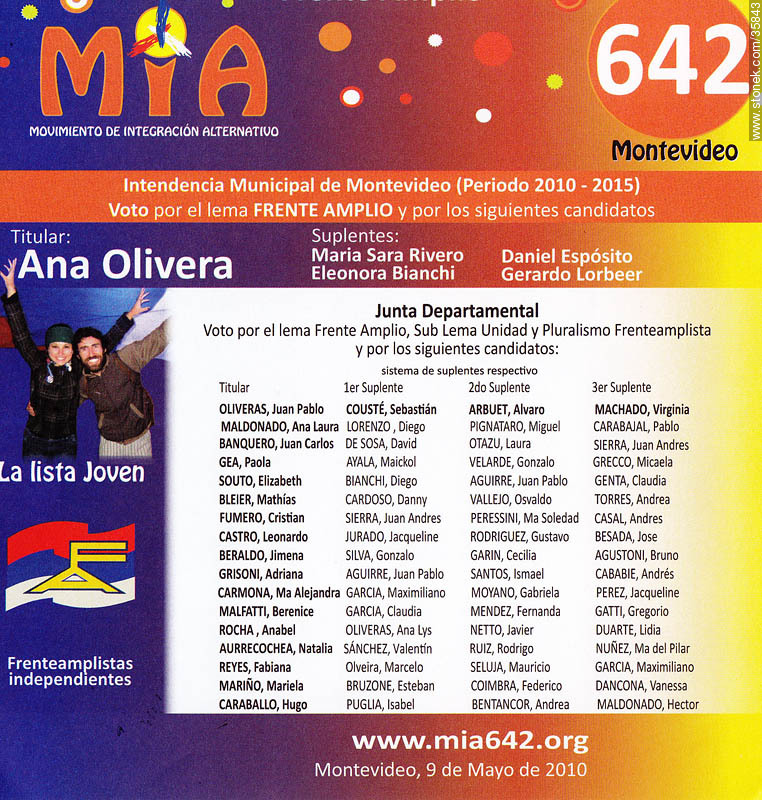 Municipal election 2010 candidate list. - Department of Montevideo - URUGUAY. Foto No. 35843