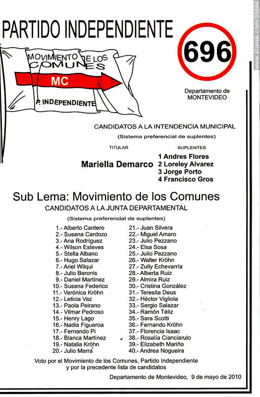 Municipal election 2010 candidate list. - Department of Montevideo - URUGUAY. Foto No. 35864