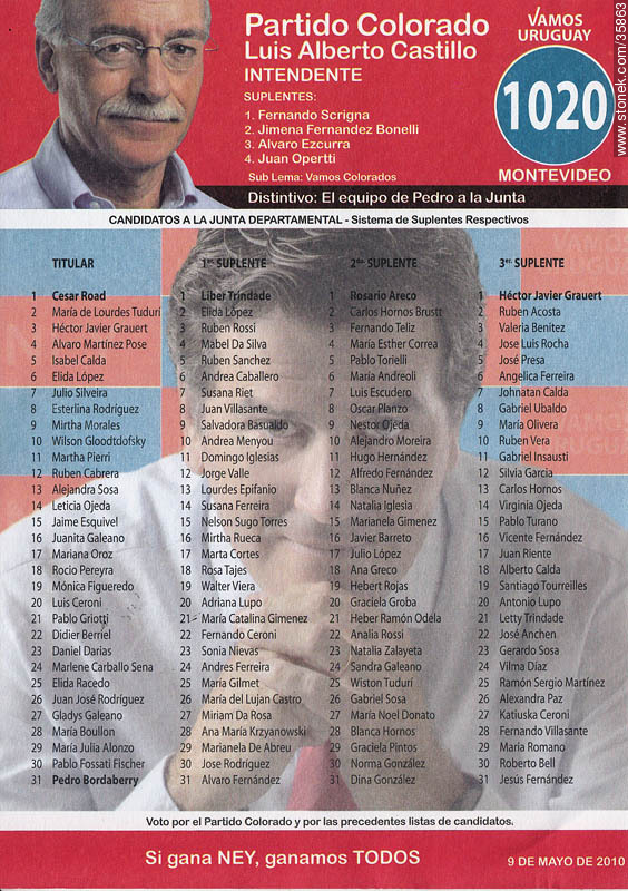 Municipal election 2010 candidate list. - Department of Montevideo - URUGUAY. Foto No. 35863