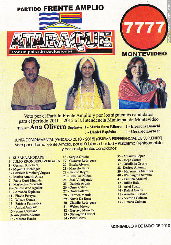 Municipal election 2010 candidate list. - Department of Montevideo - URUGUAY. Foto No. 35857