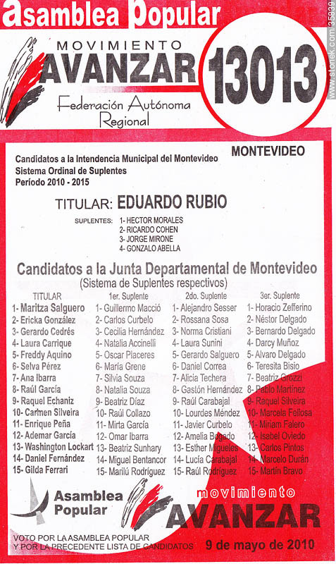 Elecciones municipales de Montevideo. 9 de mayo 2010. Lista 13013 - Departamento de Montevideo - URUGUAY. Foto No. 35839