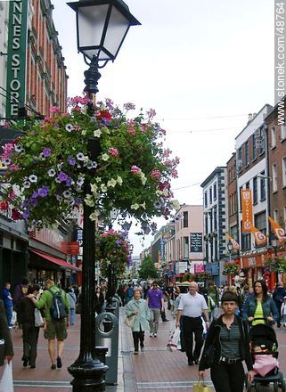 Pedestrian shopping street in Dublin. Ornaments petunias. - Ireland - BRITISH ISLANDS. Foto No. 48764