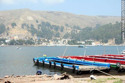 Tiquina Straits on Lake Titicaca. Flat-bottomed  boats for the vehicle crossing to the other side - Bolivia - Others in SOUTH AMERICA. Photo #52658