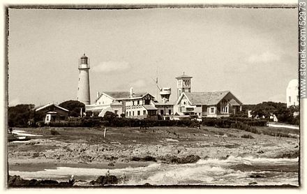 Old photo of the peninsula of Punta del Este with the lighthouse and the tower of the Church of the Candelaria - Punta del Este and its near resorts - URUGUAY. Photo #52973