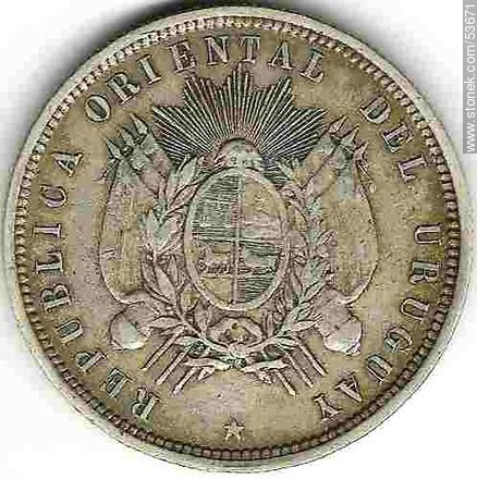 Back of a former Uruguayan coin of 50 hundredth part of the Uruguayan peso, 1877.  - Department of Montevideo - URUGUAY. Photo #53671