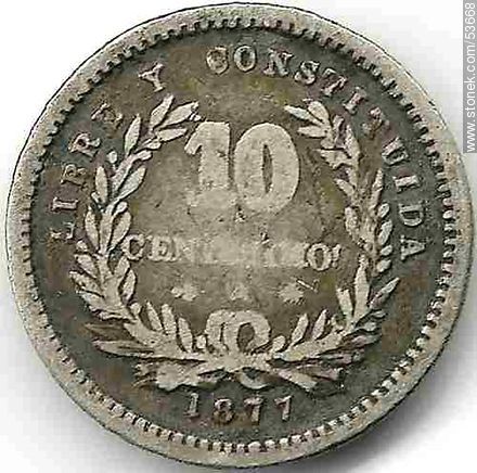 Frente de una moneda uruguaya antigua de 10 centésimos de 1877 - Departamento de Montevideo - URUGUAY. Foto No. 53668