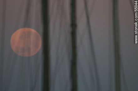 Luna llena al amanecer entre mástiles de veleros - Departamento de Maldonado - URUGUAY. Foto No. 55044