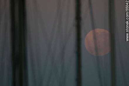 Luna llena al amanecer entre mástiles de veleros - Departamento de Maldonado - URUGUAY. Foto No. 55042