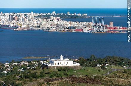 Aerial view of Cerro, its fortress, the bay and the city of Montevideo - Department of Montevideo - URUGUAY. Foto No. 58123