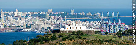 Aerial view of Cerro, its fortress, the bay and the city of Montevideo - Department of Montevideo - URUGUAY. Photo #58160