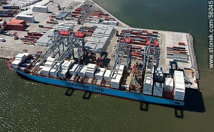 Aerial view of cranes at Terminal Cuenca del Plata in operation unloading containers from a freighter Maersk Line - Department of Montevideo - URUGUAY. Photo #58245