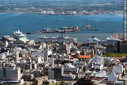 Aerial view of the Old Town and harbor cruises. Domes of the Metropolitan Cathedral - Department of Montevideo - URUGUAY. Photo #58449