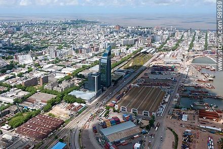 Aerial view of sheds and containers of the  port of Montevideo. Antel Tower. Aguada Park - Department of Montevideo - URUGUAY. Foto No. 58939