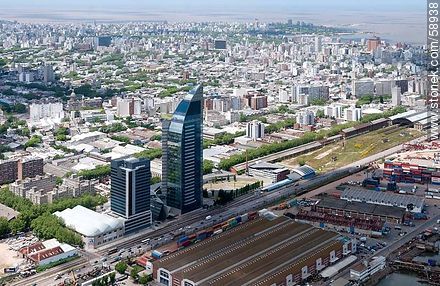 Aerial view of sheds and containers of the  port of Montevideo. Antel Tower. Aguada Park - Department of Montevideo - URUGUAY. Foto No. 58938