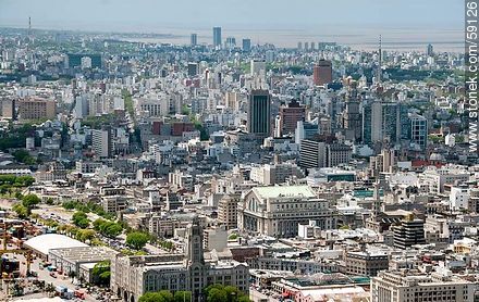Aerial view of the neighborhoods Ciudad Vieja, Centro, Cordon and Buceo - Department of Montevideo - URUGUAY. Photo #59126