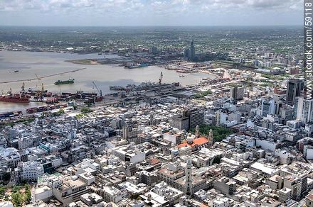 Aerial view of the Old City and Port of Montevideo - Department of Montevideo - URUGUAY. Photo #59118