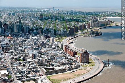 Aerial view of the Rambla France. Old Town, Cubo del Sur. Old Power Station chimney - Department of Montevideo - URUGUAY. Photo #59086