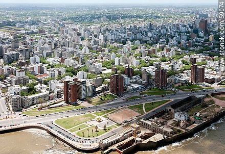 Aerial view of the Rambla and Plaza Argentina in Barrio Sur - Department of Montevideo - URUGUAY. Foto No. 59074