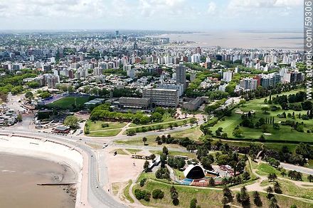 Vista aérea de la rambla Wilson, Teatro de Verano, Facultad de Ingeniería y Club de Golf - Departamento de Montevideo - URUGUAY. Foto No. 59306