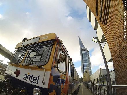 Platform of the Central Station with a Swedish train and Antel tower at background - Department of Montevideo - URUGUAY. Photo #60792